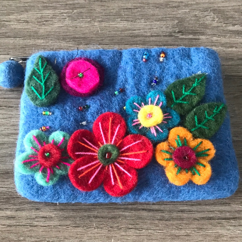 100% Wool Floral Zip up Bag